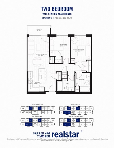 Floor plan for 2 beds, 2 baths, 856 sqft
