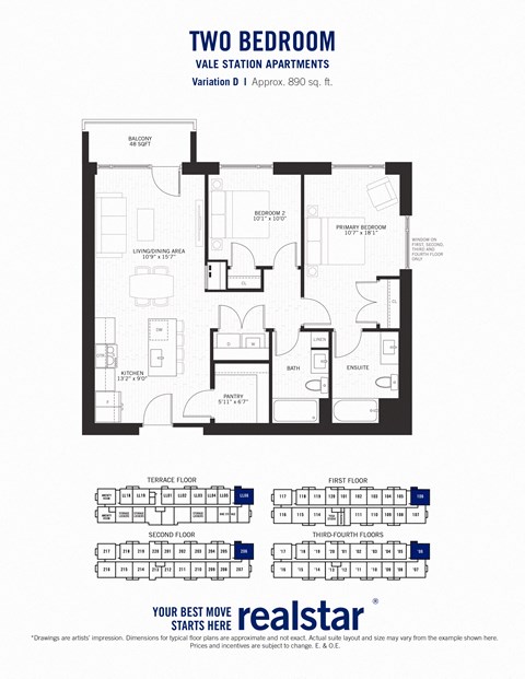 Floor plan for 2 beds, 2 baths, 890 sqft