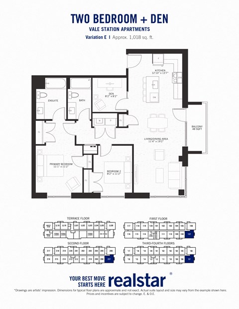 Floor plan for 2 beds, 2 baths, 1018 sqft