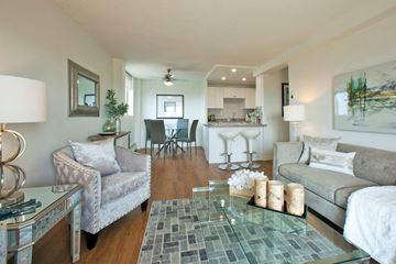 Ottawa apartment for rent - A well-lit living room with a glass coffee table and a grey sofa.