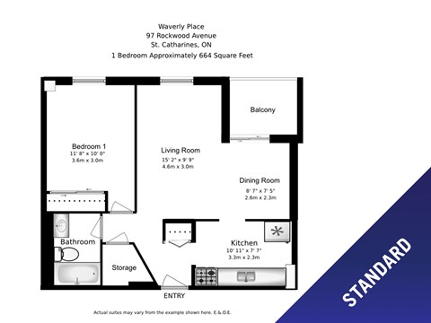 Floor plan for 1 bed, 1 bath, 664 sqft