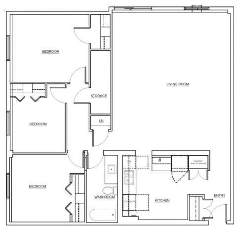 Floor plan for 3 beds, 1 bath, 1100 sqft