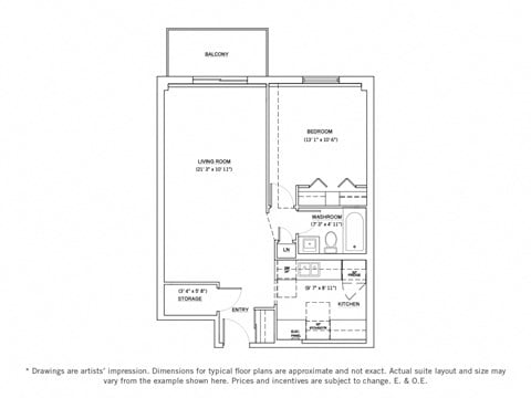 Floor plan for 1 bed, 1 bath, 725 sqft