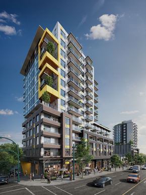 Vancouver apartment for rent - A modern multi-story building with balconies and greenery on the exterior.