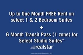 Vancouver apartment for rent - An advertisement for free rent and a transit pass for select suites at realstar.