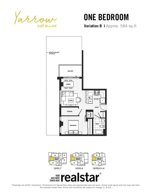 Floor plan for 1 bed, 1 bath, 576 sqft