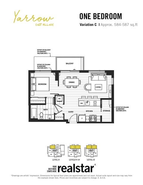 Floor plan for 1 bed, 1 bath, 584 sqft