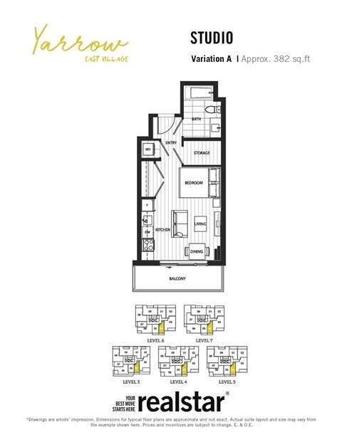 Floor plan for studio, 1 bath, 382 sqft