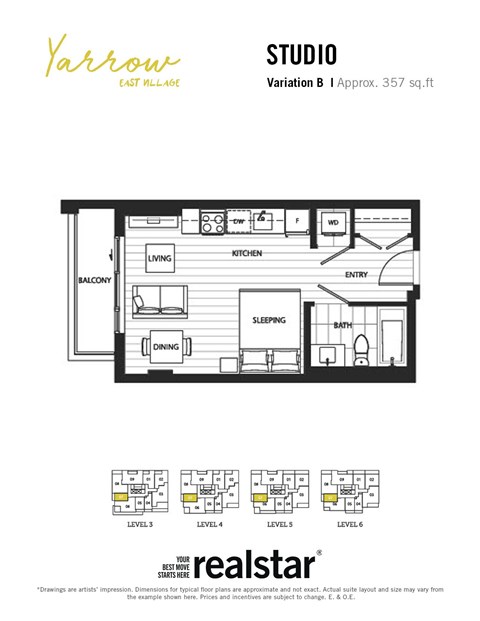 Floor plan for studio, 1 bath, 378 sqft