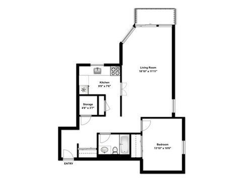 Floor plan for 1 bed, 1 bath, 713 sqft