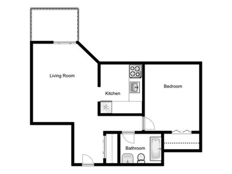 Floor plan for 1 bed, 1 bath, 667 sqft
