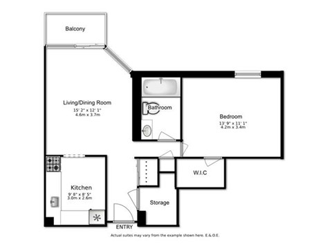 Floor plan for 1 bed, 1 bath, 695 sqft