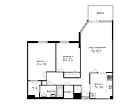 Floor plan for 2 beds, 1 bath, 880 sqft