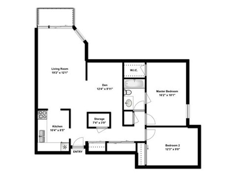 Floor plan for 2 beds, 1 bath, 1136 sqft