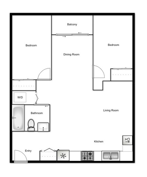 Floor plan for 2 beds, 1 bath, 776 sqft