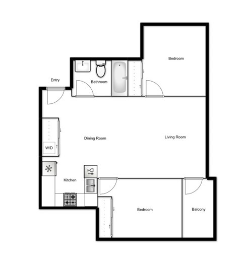 Floor plan for 2 beds, 1 bath, 665 sqft