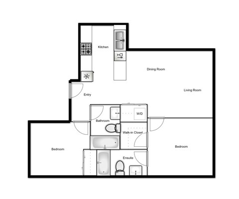 Floor plan for 2 beds, 2 baths, 800 sqft