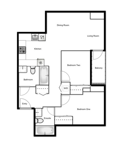 Floor plan for 2 beds, 2 baths, 866 sqft