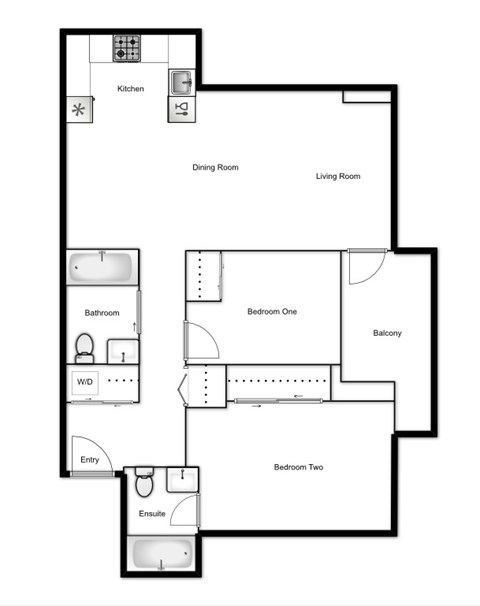 Floor plan for 2 beds, 2 baths, 866 sqft