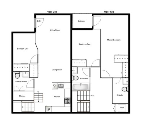 Floor plan for 3 beds, 2.5 baths, 1249 sqft