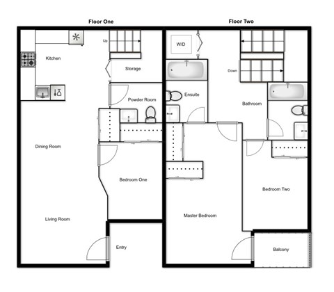 Floor plan for 3 beds, 2.5 baths, 1355 sqft