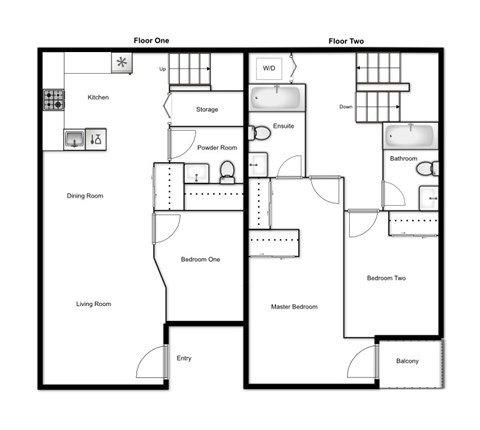 Floor plan for 3 beds, 2.5 baths, 1350 sqft