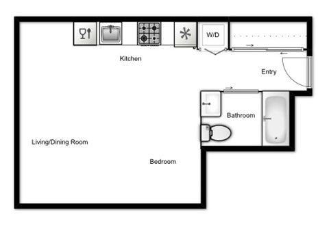Floor plan for studio, 1 bath, 438 sqft