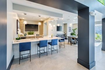 Land O' Lakes apartment for rent - a kitchen and dining area with blue chairs and a counter with a sink