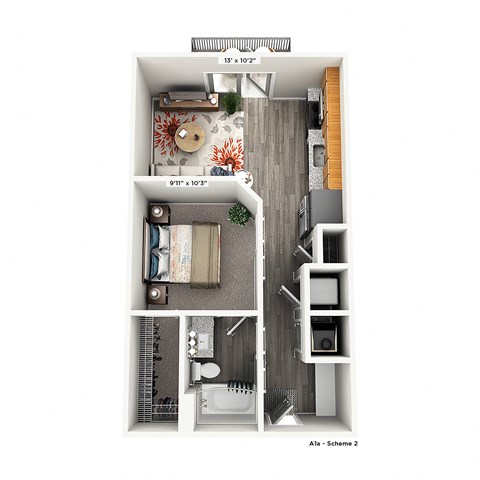 Floor plan for 1 bed, 1 bath, 558 sqft