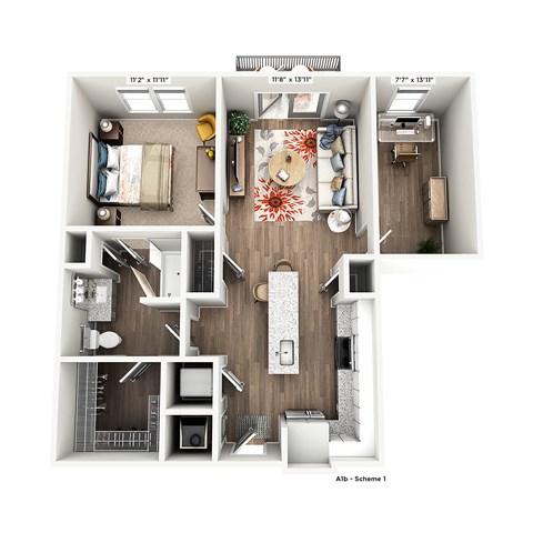 Floor plan for 1 bed, 1 bath, 840 sqft