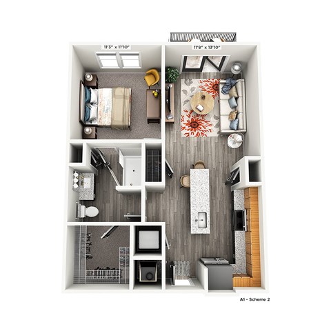 Floor plan for 1 bed, 1 bath, 722 sqft