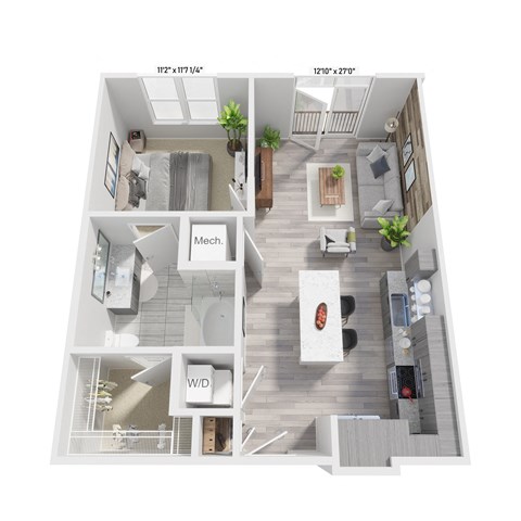 Floor plan for 1 bed, 1 bath, 650 sqft