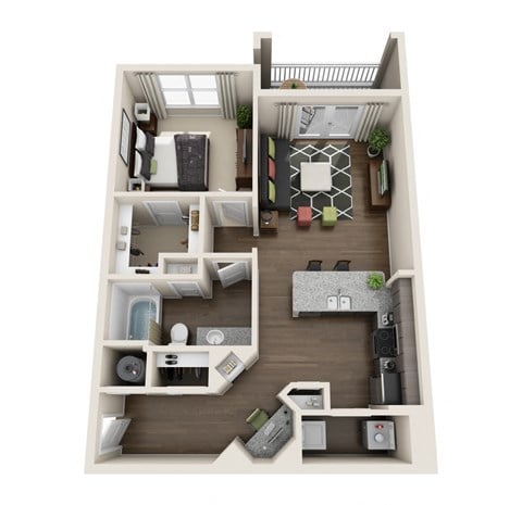 Floor plan for 1 bed, 1 bath, 837 sqft