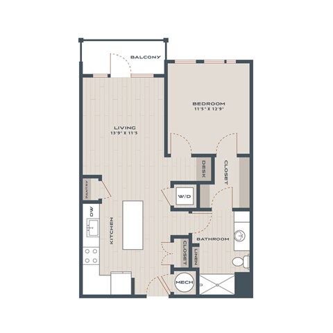 Floor plan for 1 bed, 1 bath, 791 sqft