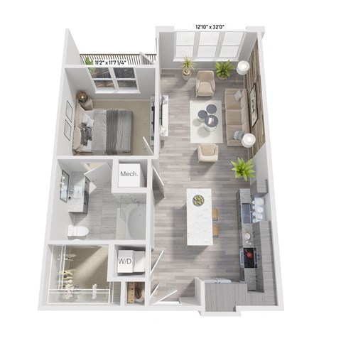 Floor plan for 1 bed, 1 bath, 714 sqft