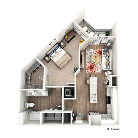 Floor plan for 1 bed, 1 bath, 779 sqft