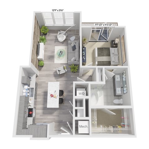 Floor plan for 1 bed, 1 bath, 735 sqft