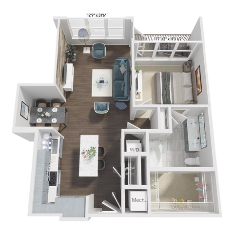 Floor plan for 1 bed, 1 bath, 782 sqft