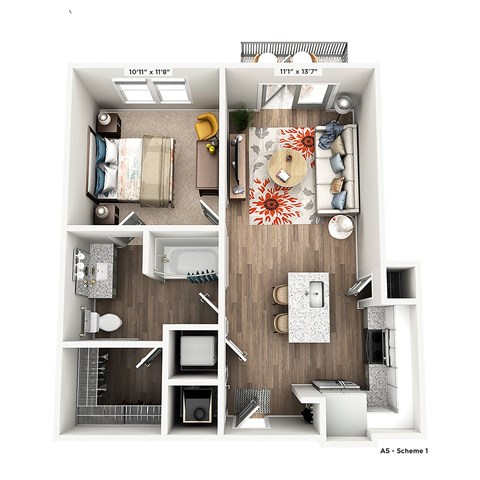 Floor plan for 1 bed, 1 bath, 663 sqft