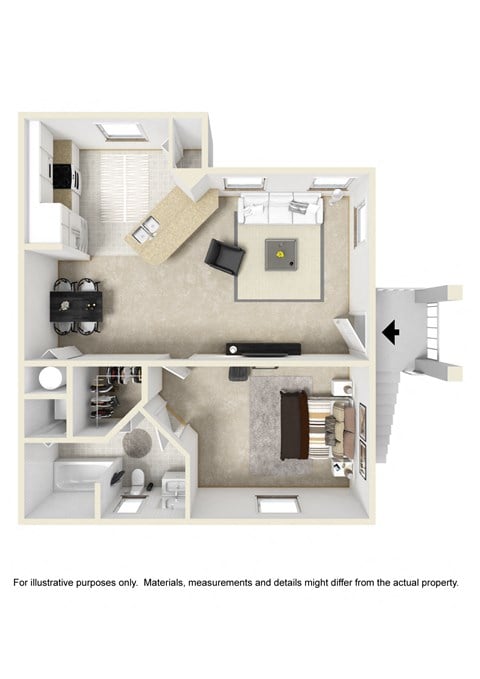 Floor plan for 1 bed, 1 bath, 678 sqft
