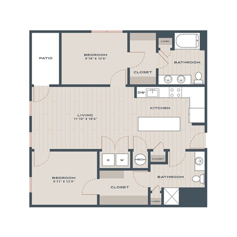 Floor plan for 2 beds, 2 baths, 1097 sqft