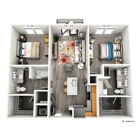 Floor plan for 2 beds, 2 baths, 955 sqft