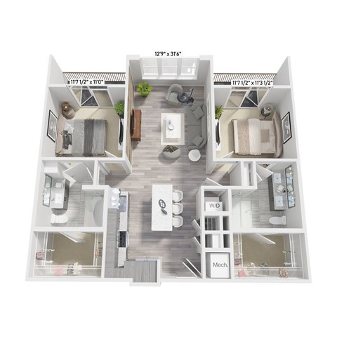 Floor plan for 2 beds, 2 baths, 1031 sqft