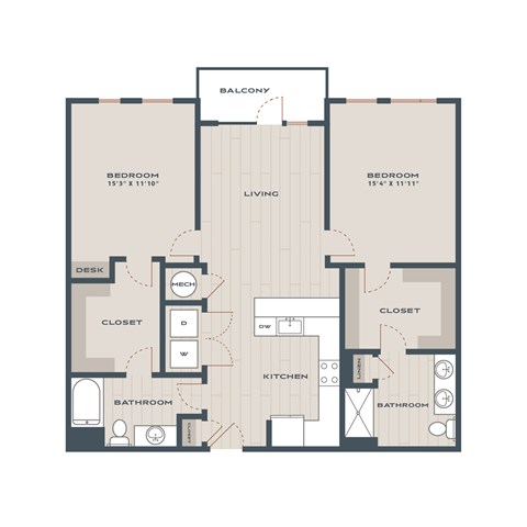 Floor plan for 2 beds, 2 baths, 1271 sqft