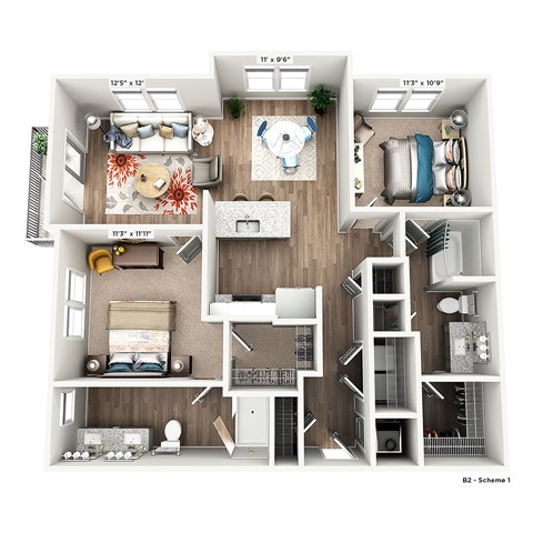 Floor plan for 2 beds, 2 baths, 1145 sqft