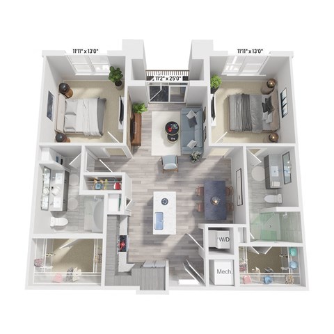 Floor plan for 2 beds, 2 baths, 1054 sqft