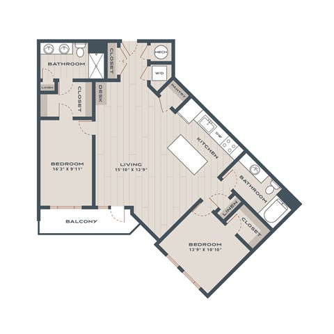 Floor plan for 2 beds, 2 baths, 1345 sqft