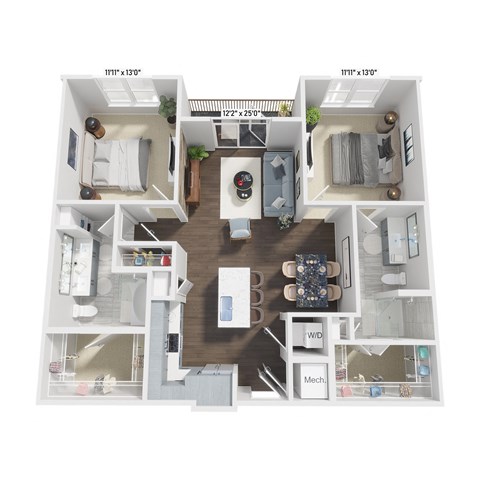 Floor plan for 2 beds, 2 baths, 1081 sqft