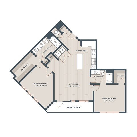 Floor plan for 2 beds, 2 baths, 1297 sqft
