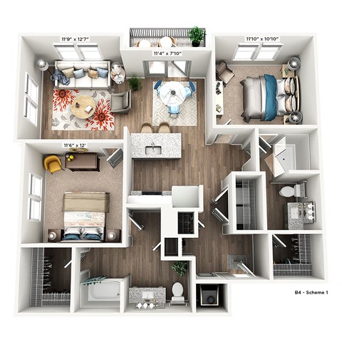 Floor plan for 2 beds, 2 baths, 1124 sqft